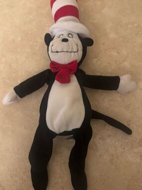 Children's Cat in the Hat Plush Toy  - Black & White with Red Bow No Whiskers.
